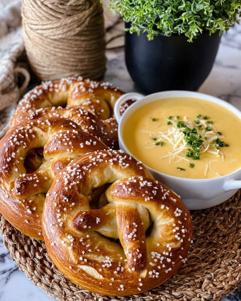 The image shows a white plate filled with three large soft pretzels, each with a shiny golden-brown crust sprinkled with coarse salt, having a twisted knot shape with thick dough strands. Behind the plate, there is a small black bowl filled with creamy yellow cheese sauce topped with shredded cheese and green herbs. The plate and bowl rest on a woven placemat placed on a white marbled surface, with part of a wooden frame and some spools of twine visible in the background. Photo taken with an iphone --ar 4:5 --v 7