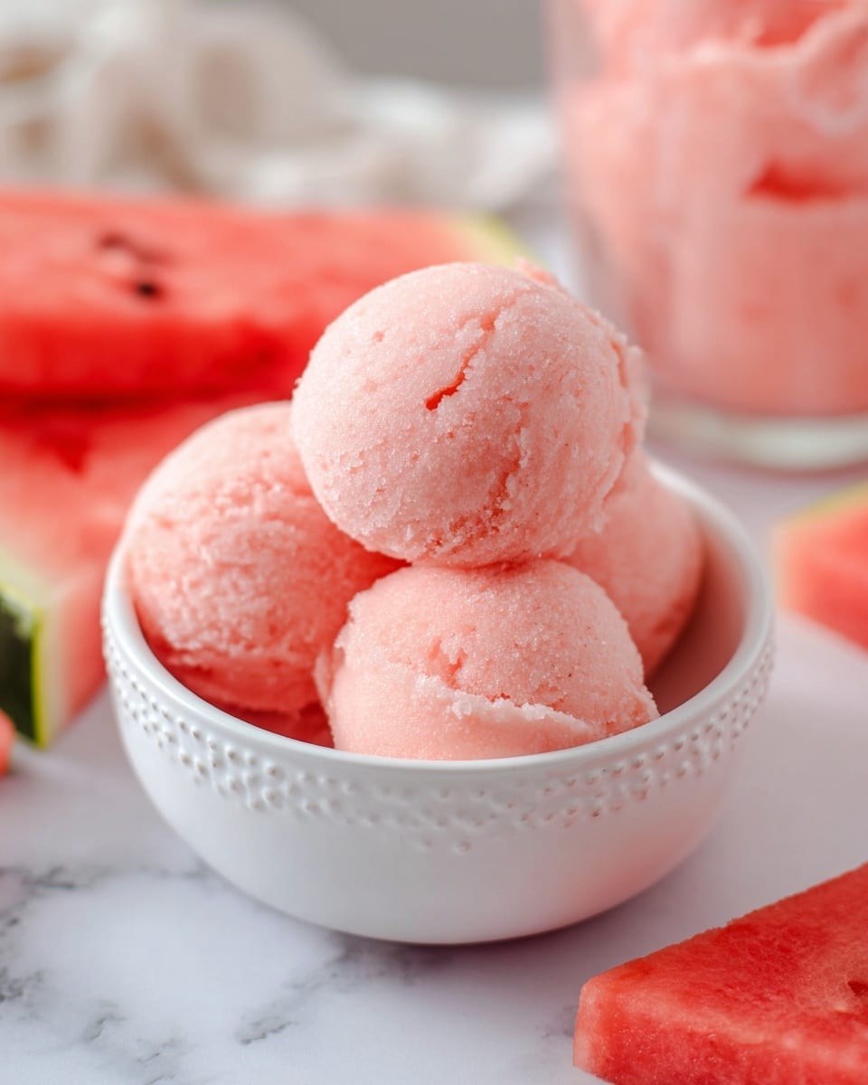 Three round scoops of light pink sorbet sit closely packed in a white bowl with a dotted rim, showcasing a soft, smooth texture with small icy details. Surrounding the bowl are pieces of fresh watermelon, showing a vibrant red interior with seeds and a green rind, all placed on a white marbled surface. In the softly blurred background, a clear container filled with more of the pink icy treat is visible, adding depth to the scene. photo taken with an iphone --ar 4:5 --v 7