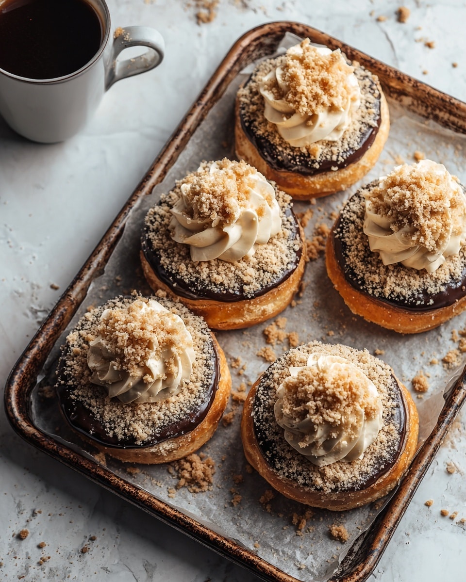 The image shows four round pastries placed on a rustic metal baking tray lined with parchment paper. Each pastry has a golden-brown base with a shiny, dark chocolate layer on top. Above the chocolate layer, there is a thick ring of crumbly streusel topping, which is light brown with some darker specks. In the center of each pastry, there is a swirl of creamy, beige-colored frosting that has been piped in a decorative pattern, and it is sprinkled with more crumbly streusel. To the top left of the tray sits a white cup filled with dark coffee. The background is a white marbled texture. photo taken with an iphone --ar 4:5 --v 7