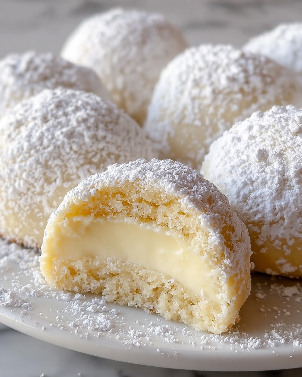The image shows soft, round cookies covered in a thick layer of powdered sugar, giving them a snowy white appearance. One cookie is cut in half in the front, revealing three layers: a soft, crumbly outer dough in light beige, a smooth thick cream filling in the center that is pale yellow, and a thin slightly darker crust at the very bottom. The cookies are arranged closely on a white plate, with extra powdered sugar scattered around them on a white marbled surface. The overall look is soft, delicate, and sweet. photo taken with an iphone --ar 4:5 --v 7