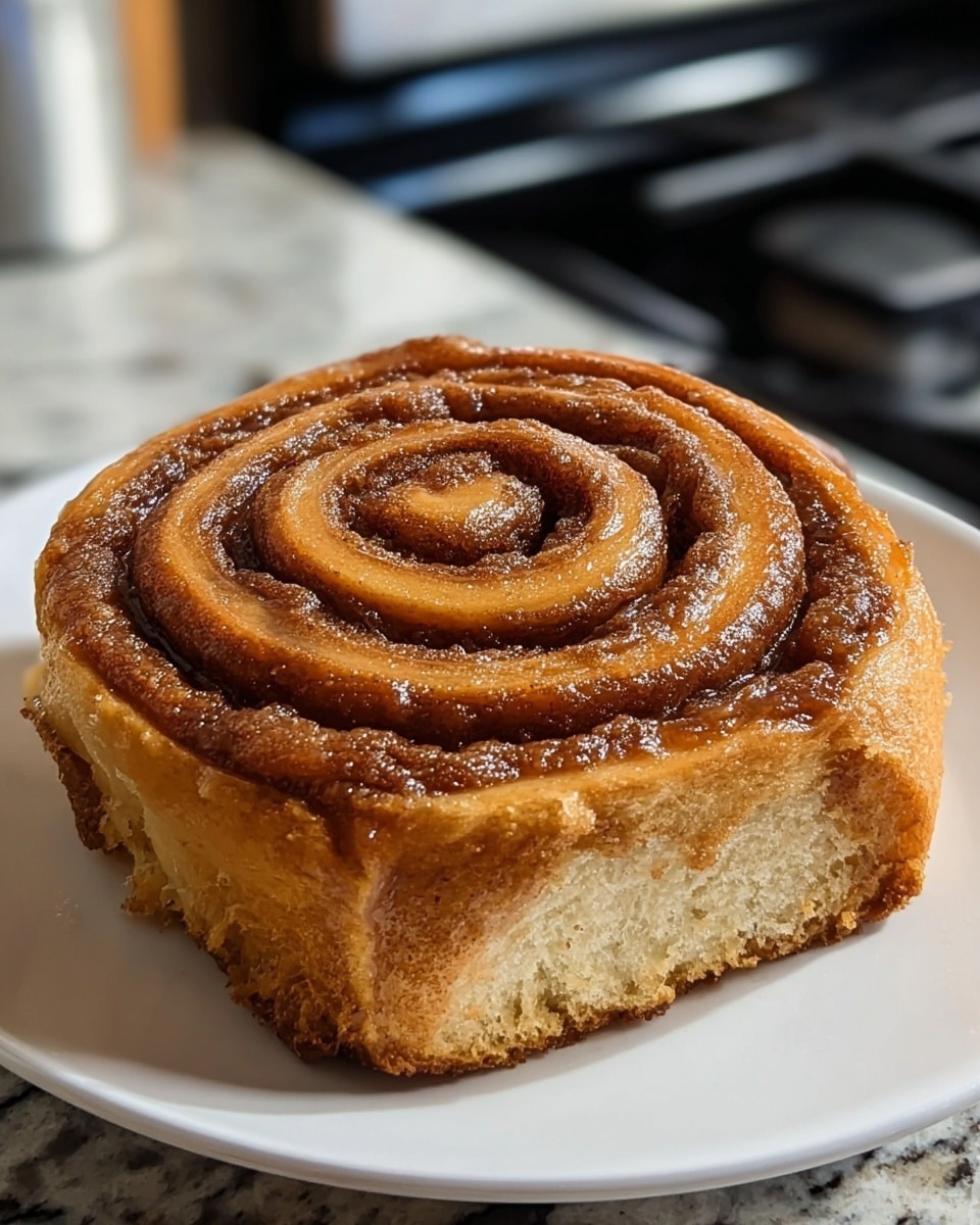 A single cinnamon roll sits on a white plate, showing a spiral pattern with layers of light brown dough and darker cinnamon sugar filling. The edges are golden brown and slightly crispy, while the inner layers are soft and glossy with a sticky cinnamon glaze. The swirl is tight and well-defined, making the cinnamon layers very clear against the lighter dough. The plate rests on a white marbled surface with a dark stove blurred in the background. photo taken with an iphone --ar 4:5 --v 7