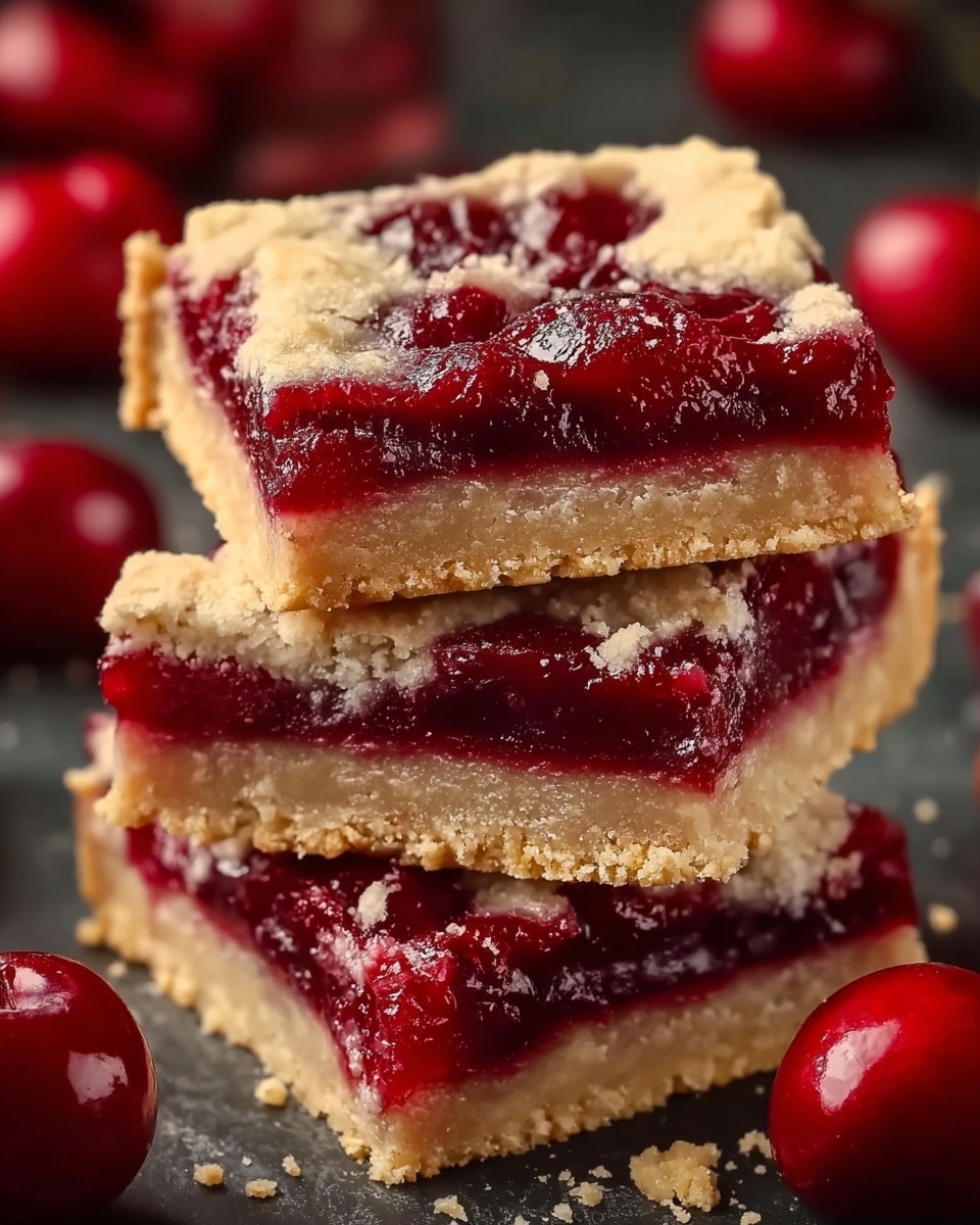 A stack of three square cherry bars with three distinct layers is shown on a dark surface. The bottom layer is a light golden-brown crust with a slightly crumbly texture. The middle layer is a thick, glossy, deep red cherry filling with whole cherries visible, adding a juicy and rich look. The top layer is a pale beige crust with a slightly uneven texture and small gaps showing the cherry filling beneath. Around the stack, there are whole fresh cherries adding bright red color to the scene. The photo was taken with an iphone --ar 4:5 --v 7