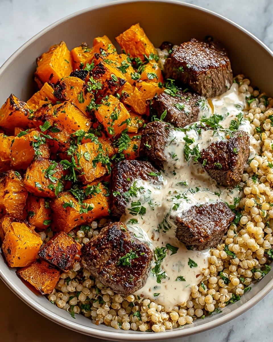 A close-up view of a white bowl filled with three main layers: at the bottom, a bed of small, light-colored grains mixed with herbs; on one side, large golden-orange cubes of roasted butternut squash with a slightly charred surface, sprinkled with green herbs; on the other side, several browned, juicy chunks of grilled steak topped with a creamy white sauce that has flecks of herbs and a garnish of finely chopped green parsley over the whole dish. The bowl is set on a white marbled surface. photo taken with an iphone --ar 4:5 --v 7