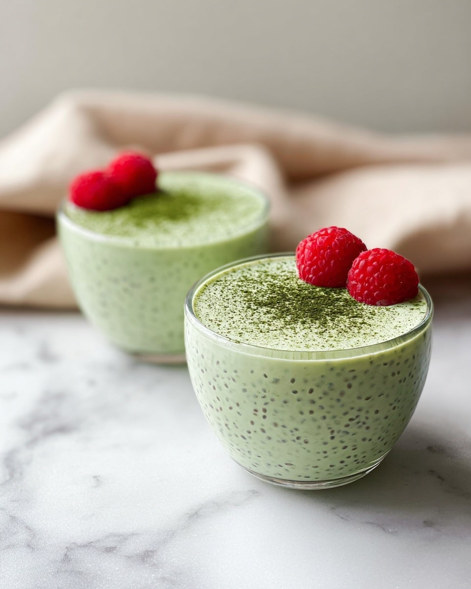 Two small clear glass bowls sit on a white marbled surface, each filled with a light green creamy pudding. The pudding has tiny black chia seeds mixed throughout, creating a speckled texture. The top layer is smooth and dusted with a fine sprinkling of dark green powder. Each bowl is garnished with two fresh, bright red raspberries placed near the edge. The background is soft and blurred with a neutral light gray color, and a folded beige cloth is partially visible behind the bowls. photo taken with an iphone --ar 4:5 --v 7