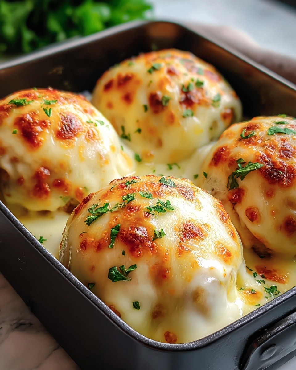 The image shows four round baked balls covered in melted, golden-brown cheese with some bubbling on top. Each ball is topped with small green parsley pieces scattered evenly, adding a fresh contrast. The balls sit closely packed in a black rectangular baking dish, with creamy white cheese sauce melting slightly and dripping down their sides. The background is softly blurred with green hints, all placed on a white marbled surface. photo taken with an iphone --ar 4:5 --v 7