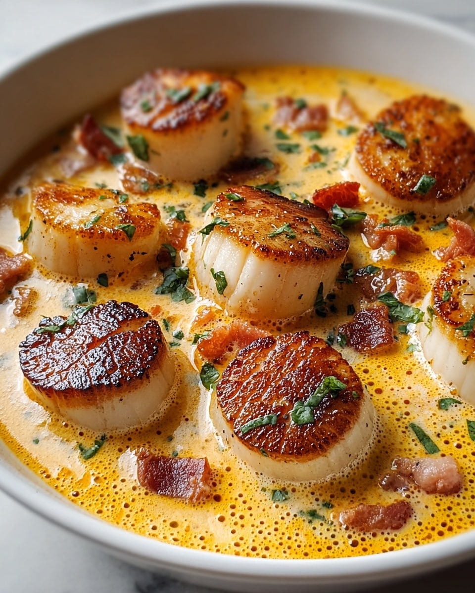 The image shows a white bowl filled with a creamy light orange sauce that has a slightly frothy texture. Floating on top are several seared scallops with a golden-brown crust on their tops and sides, surrounded by small pieces of crispy bacon and sprinkled with chopped green herbs. The scallops have a smooth, white interior below the browned exterior. The sauce looks rich and slightly thick, with tiny bubbles on its surface. The setting has a white marbled texture visible around the edges of the bowl. photo taken with an iphone --ar 4:5 --v 7