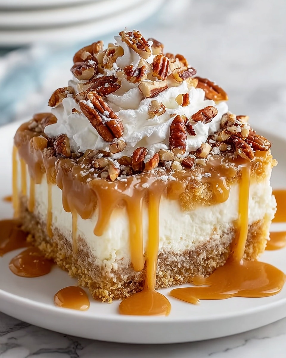 The image shows a close-up of a square dessert on a white plate, set on a white marbled surface. The dessert has four visible layers: the bottom layer is dense and golden brown with a crumbly texture, the second layer is thick and creamy white, the third layer is a glossy, nutty caramel sauce with bits of pecans embedded in it, and the top layer is a fluffy white whipped cream peak generously covered with crunchy chopped pecans. Caramel sauce is drizzled over the whipped cream and drips down the sides of the dessert onto the plate below. Photo taken with an iphone --ar 4:5 --v 7