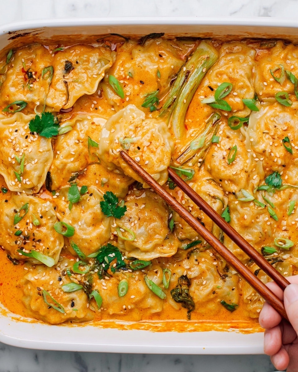 The dish shows a white rectangular baking dish filled with about two layers of dumplings covered in a thick, orange creamy sauce. The dumplings are golden brown with crispy edges and soft centers, floating in the sauce. Green chopped scallions and sesame seeds are sprinkled on top, along with a few small green cilantro leaves and pieces of cooked green vegetables mixed in. A woman's hand is holding wooden chopsticks picking up one dumpling from the corner of the dish, with the white marbled surface below the dish visible. photo taken with an iphone --ar 4:5 --v 7