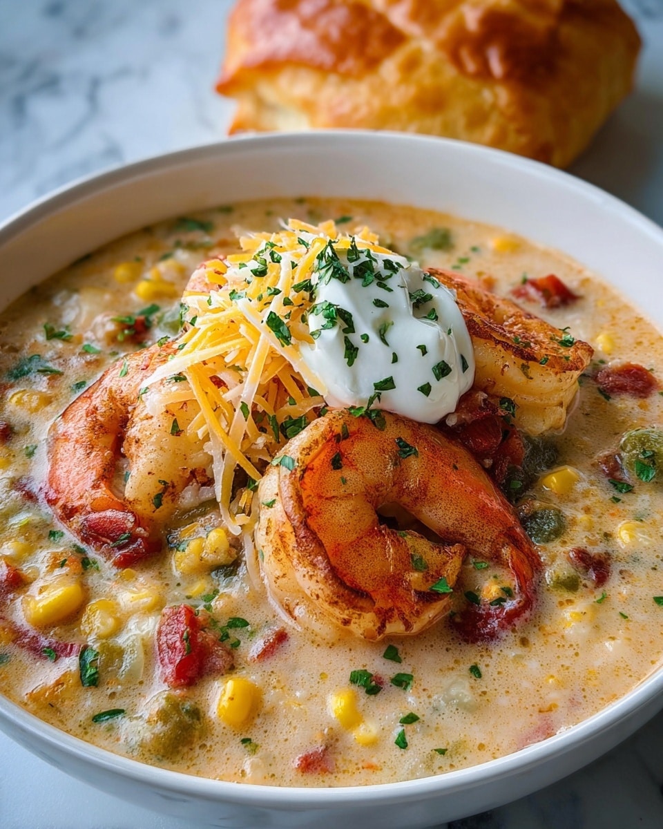 The image shows a white bowl filled with creamy shrimp chowder. The base is thick and light beige with visible chunks of yellow corn, red diced tomatoes, and small green herbs scattered throughout. On top, there are two large, pinkish-orange cooked shrimp with a slight char, sitting prominently just off center. A dollop of white sour cream sits in the middle, crowned with shredded yellow and white cheese, and sprinkled finely with green herbs. In the background, a golden-brown pastry is partially visible on a white marbled surface. photo taken with an iphone --ar 4:5 --v 7