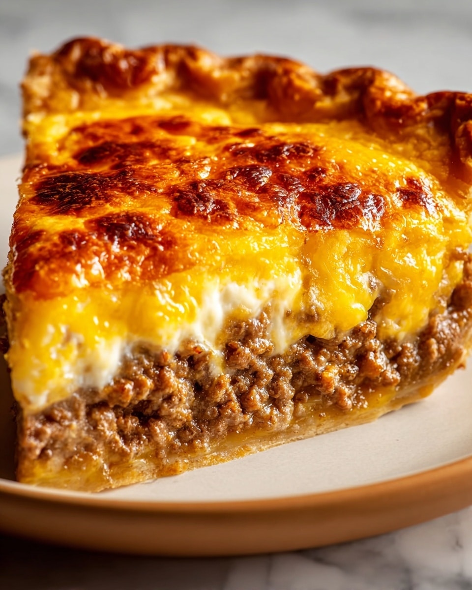 A close-up image of a slice of savory pie showing three distinct layers: the bottom crust is golden and flaky with a slightly crispy edge, the middle layer contains browned ground meat with a juicy texture, and the top layer is a melted, bubbly cheese with a rich yellow color and golden brown spots from baking. The pie crust on the top has a shiny, browned finish with a slightly rough texture. The slice rests on a white plate with a simple design, all placed on a white marbled surface. photo taken with an iphone --ar 4:5 --v 7