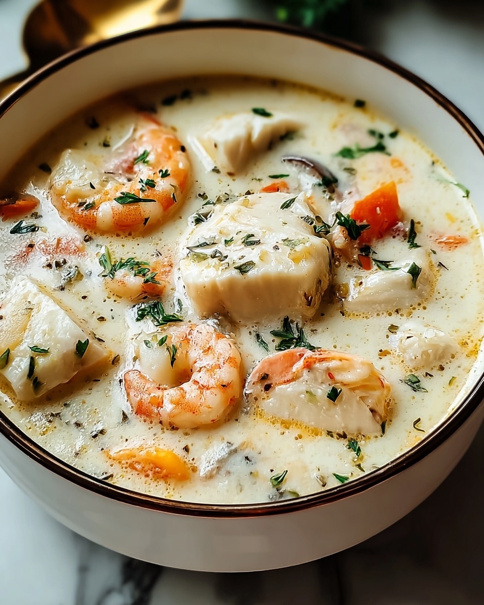 A white bowl filled with creamy seafood chowder, showing about two layers: the base layer is thick, creamy white soup with a smooth texture, and the top layer includes large chunks of white fish with a slightly flaky texture and several whole shrimp with pink and translucent orange shells. Green herbs are scattered on top, adding small pops of dark green color. The bowl sits on a white marbled surface, and the edges of the bowl have a dark rim. photo taken with an iphone --ar 4:5 --v 7