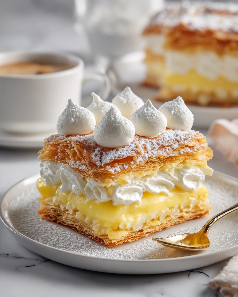 A slice of layered cream-filled pastry sits on a white plate dusted with powdered sugar. The dessert has three visible layers: the bottom layer is a light golden crispy pastry, topped with a thick pale yellow custard cream, followed by another thin golden pastry layer, a thick layer of white whipped cream in the middle, and the top layer is a golden, flaky pastry with dollops of whipped cream and a dusting of powdered sugar. The background shows a whole similar pastry on a white plate, with a cup and spoon nearby, all set on a white marbled surface. Photo taken with an iphone --ar 4:5 --v 7
