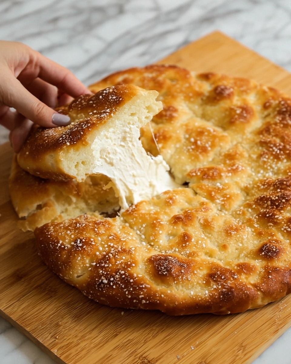 A golden-baked round flatbread sits on a wooden board, with a slightly thick crust and a soft, fluffy texture inside. The top of the bread is light golden with small, uneven bumps and sprinkled with some white seeds. A piece has been torn out, showing a creamy white filling layer inside that contrasts with the golden crust. A woman's hand holds the torn piece, revealing the rich, soft filling that looks smooth and fresh. The background is a white marbled texture. photo taken with an iphone --ar 4:5 --v 7