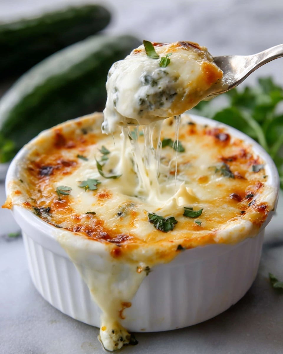 A white round ramekin holds a baked dish with two visible layers; the top layer is melted golden-brown cheese with some crispy edges and a few green herb leaves scattered for garnish. The melted cheese stretches in long strands as a spoon lifts a portion from the center, showing a gooey, creamy inside layer of white cheese mixed with herbs, creating a smooth texture. The ramekin is set on a white marbled surface with a blurry green cucumber and sprigs of parsley in the background. Photo taken with an iphone --ar 4:5 --v 7