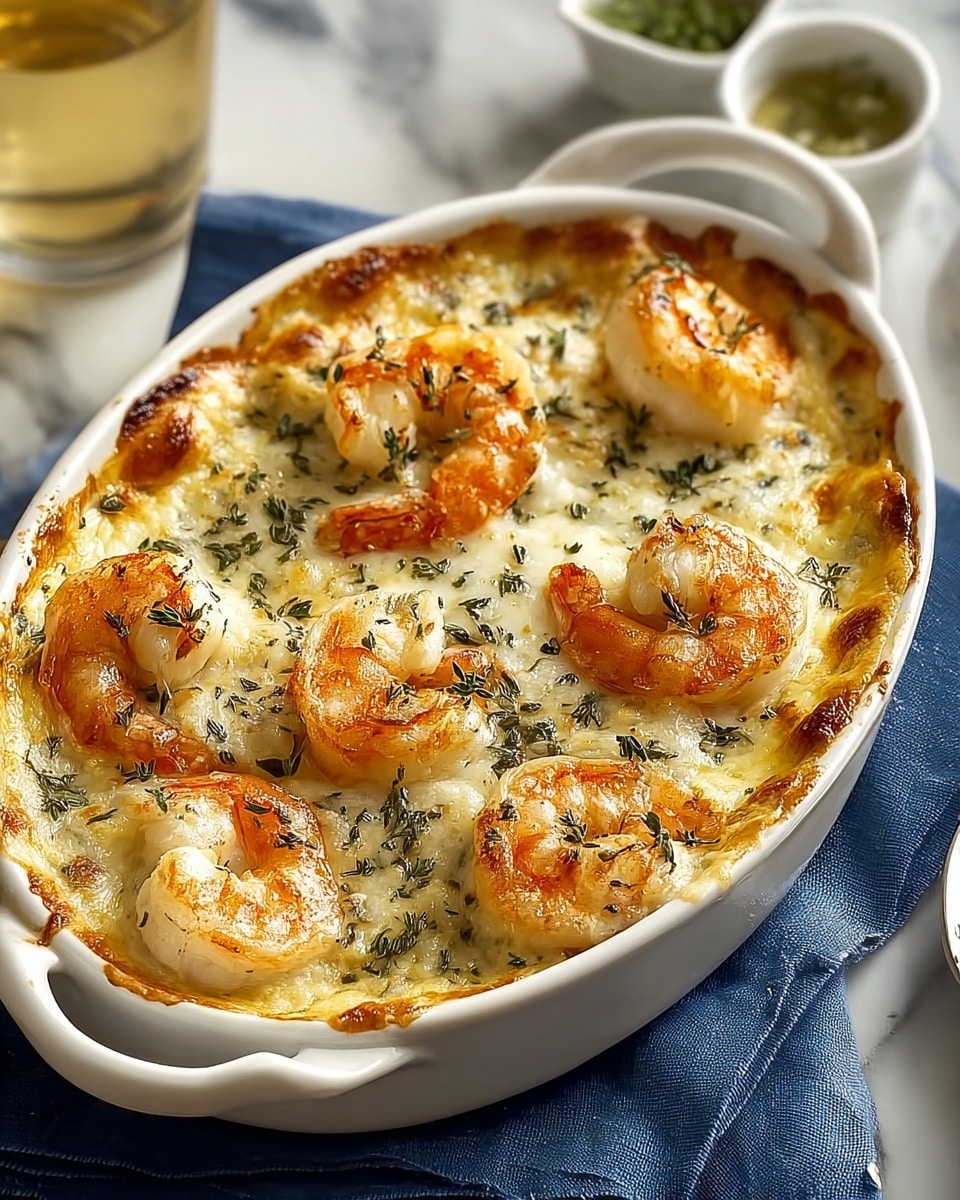 A white oval dish holds a creamy baked shrimp casserole with two main visible layers: the bottom layer is a thick, pale yellow sauce with scattered green herbs mixed in, and the top layer is decorated with large, plump cooked shrimp that are orange with slight char marks, nestled evenly across the surface. The top also has a bubbly, slightly golden texture showing some melted cheese with herbs sprinkled all over. The dish sits on a wooden board against a white marbled textured background, with a deep blue cloth beside it and blurred greenery and glassware in the background. photo taken with an iphone --ar 4:5 --v 7
