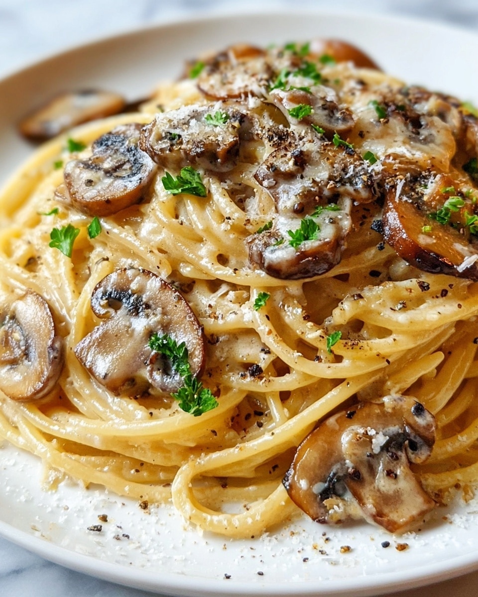 A close-up of a white plate filled with spaghetti coated in a creamy, light beige sauce, topped with sliced brown mushrooms that have a slightly shiny, sautéed texture. Small green parsley leaves and a sprinkle of grated white cheese and black pepper flakes are scattered over the pasta and mushrooms, adding color and texture contrast. The dish sits on a white marbled surface. photo taken with an iphone --ar 4:5 --v 7