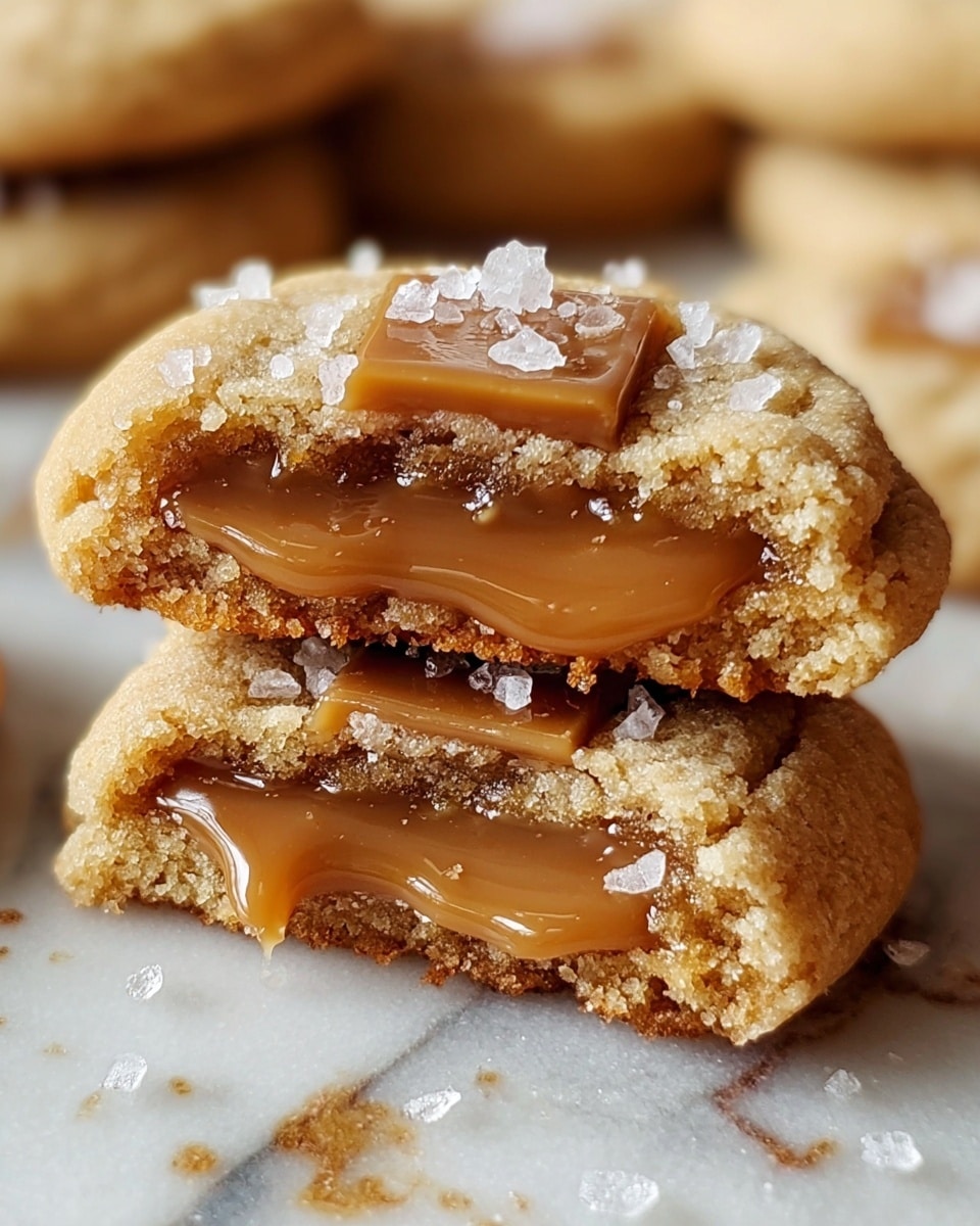 A close-up image shows two stacked caramel-filled cookies cut in half to reveal thick, glossy caramel layers inside. The cookies have a golden-brown, crumbly texture with a slightly cracked surface. On top of the upper cookie, there is a small square of smooth caramel sprinkled with coarse sea salt crystals that shine against the caramel. The background features a white marbled texture with some scattered salt crystals. photo taken with an iphone --ar 4:5 --v 7