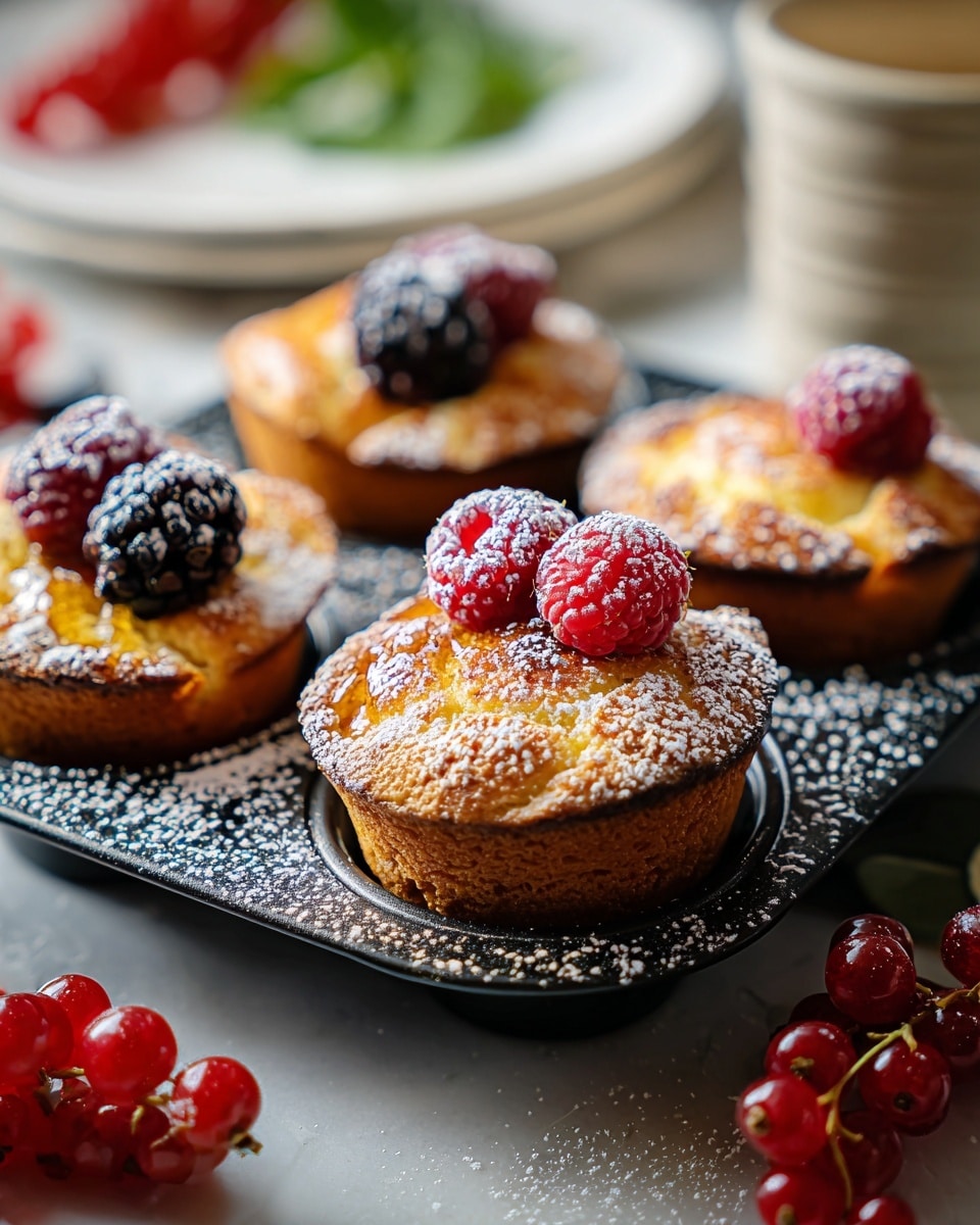 A close-up image shows four golden-brown, round pastries placed on a black tray with carved patterns, each topped with a layer of glossy syrup, a dusting of white powdered sugar, and clusters of fresh blackberries and raspberries. The pastries have a slightly crispy crust with a soft, fluffy interior visible around the edges. Some extra raspberries rest on the tray near the pastries. The tray sits on a white marbled surface with a red and white checkered cloth partially visible underneath. In the background, there are blurred white plates stacked on top of each other, with an out-of-focus yellow glass adding warm tones. Photo taken with an iphone --ar 4:5 --v 7