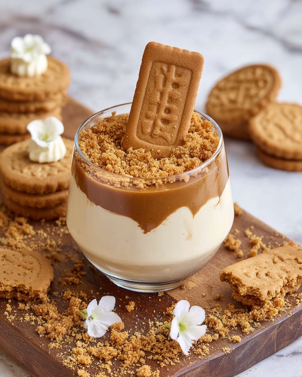 A clear round glass container holds a dessert with three visible layers: a smooth, light beige creamy base at the bottom, a thick, glossy, medium brown caramel-like layer in the middle, topped with crushed golden-brown cookie crumbs scattered unevenly, and a whole rectangular golden-brown cookie standing upright in the center. This glass is placed on a wooden board sprinkled with loose cookie crumbs. Around the glass, there are whole and broken golden-brown cookies, one topped with a white flower. The background is a white marbled texture. photo taken with an iphone --ar 4:5 --v 7