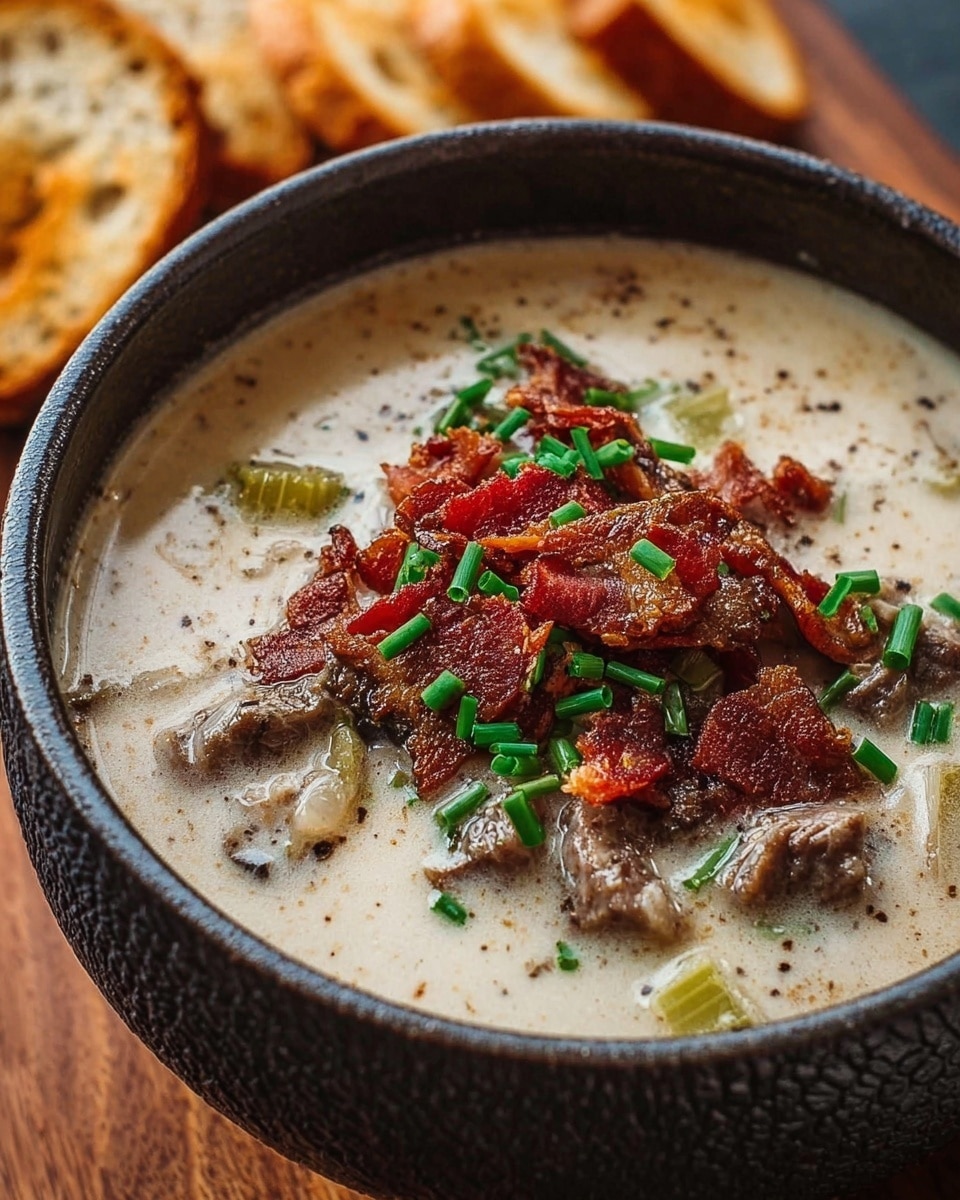 A close-up view of a bowl of creamy soup showing several layers: the base is a smooth, light beige cream broth with specks of black pepper. Within the broth, visible chunks of tender grayish-brown meat and translucent pieces of onions and light green celery are scattered throughout. On top, a generous layer of crispy reddish-brown bacon strips and finely chopped bright green chives are placed in the center, adding a contrast of texture and color. The soup is served in a dark textured bowl placed on a wooden surface, with pieces of toasted bread visible blurred in the background. photo taken with an iphone --ar 4:5 --v 7