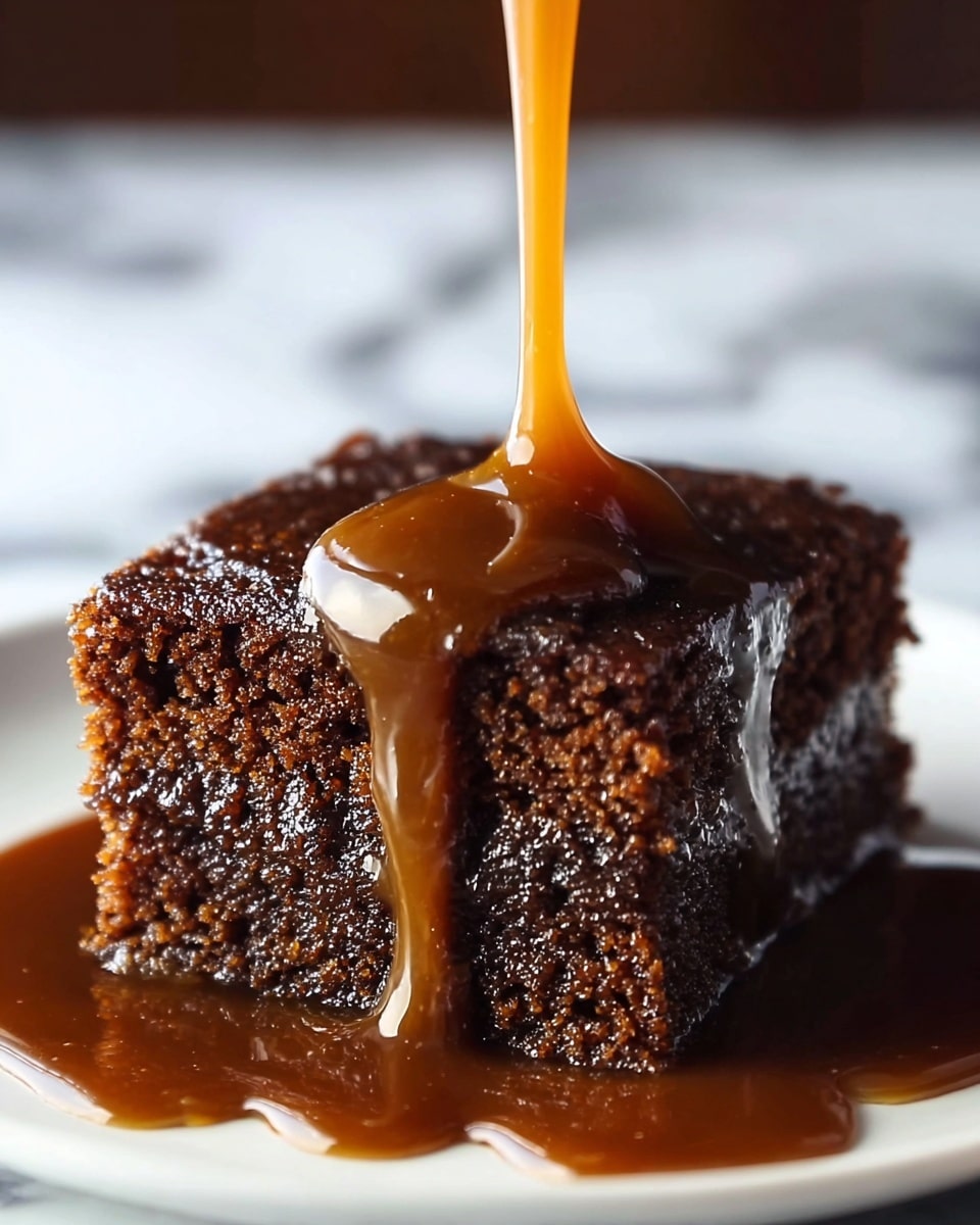 A close-up view of a moist, dark brown, spongy cake square with a rich texture, sitting on a white plate. A thick, glossy caramel sauce is being poured from above, covering the top and flowing down the sides of the cake, pooling around the base. The cake has two visible layers of dense crumb and a slightly crisp surface. The background is a white marbled texture. Photo taken with an iphone --ar 4:5 --v 7
