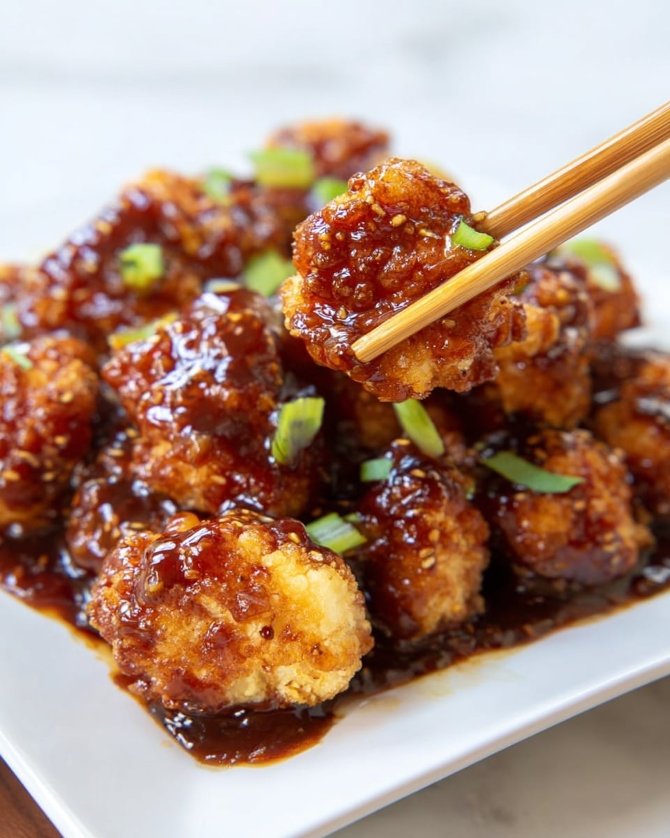 The image shows a white square plate piled with many golden-brown fried cauliflower pieces, each covered in thick, shiny, dark brown sauce. Small, green chopped scallions are sprinkled on top, adding pops of green color. The cauliflower looks crispy under the sauce, and the pieces are close together, almost stacked. The background has a white marbled texture, and a pair of wooden chopsticks is blurred in the background. photo taken with an iphone --ar 4:5 --v 7