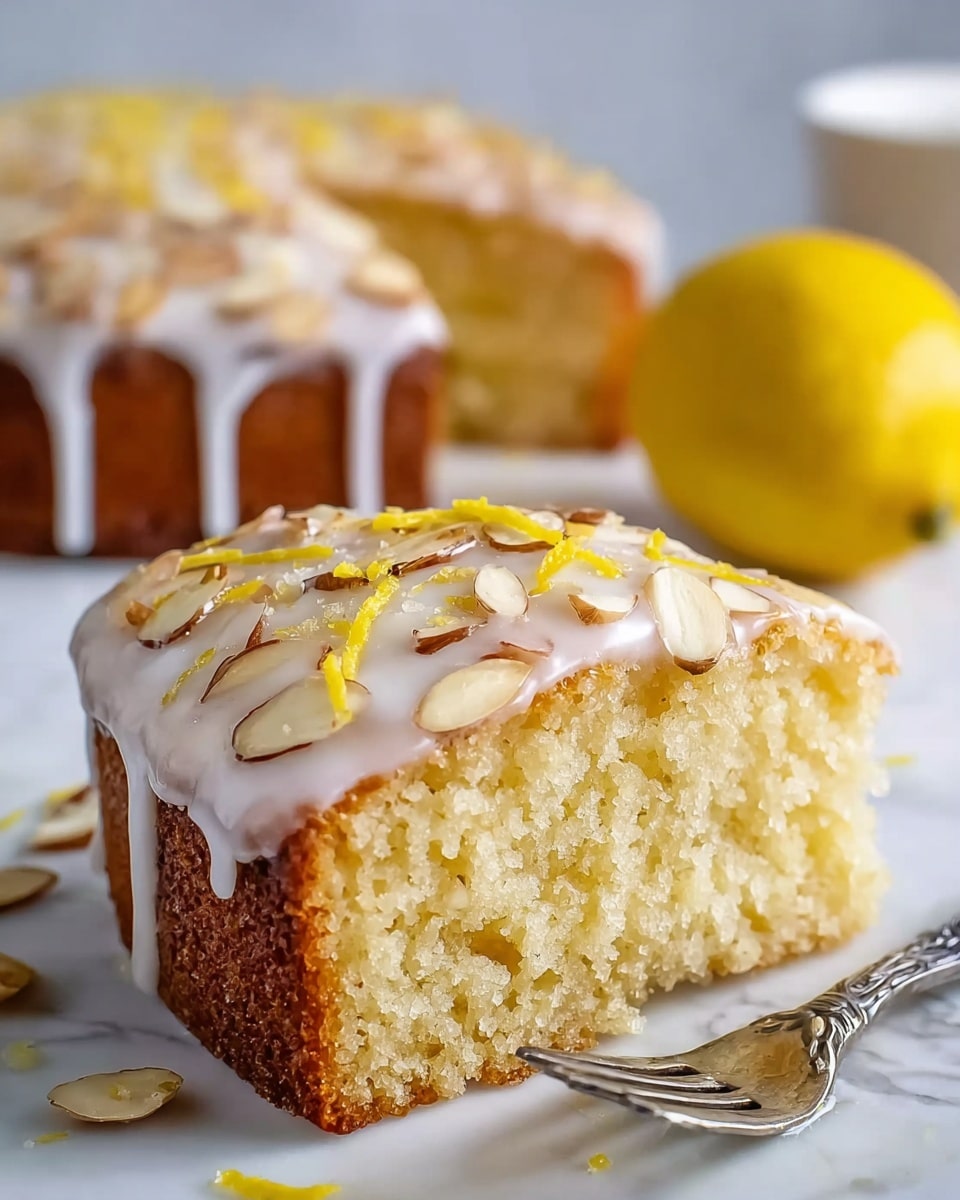 A close-up of a single slice of light yellow lemon cake showing its moist and soft crumb texture, topped with a thick layer of glossy white icing dripping slightly down the brown golden crust edges. On top of the icing are scattered thin almond slices and small strips of yellow lemon zest. The cake slice sits on a white marbled surface with almond pieces and a silver fork nearby. Behind the slice is the rest of the cake with the same icing and toppings, slightly out of focus, and a whole lemon positioned to the right. photo taken with an iphone --ar 4:5 --v 7