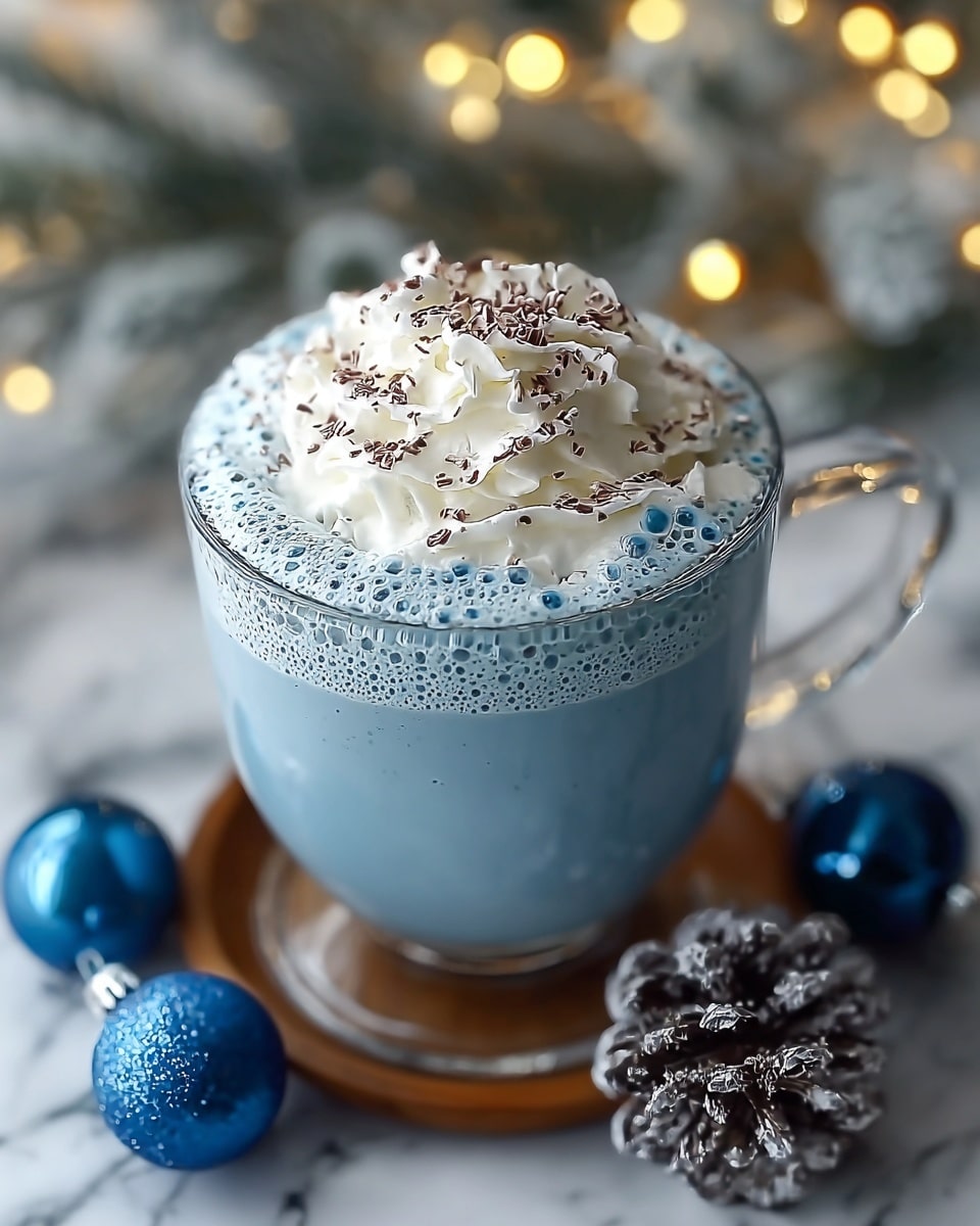 A clear glass mug filled with a blue creamy drink, topped with a thick white whipped cream layer that has small air bubbles and is sprinkled with tiny bits of chocolate on top. The mug sits on a thin wooden coaster that rests on a white marbled surface. Around the mug, there are shiny blue Christmas ornaments and a small pinecone partially covered in fake snow, with blurred warm yellow fairy lights in the background. photo taken with an iphone --ar 4:5 --v 7