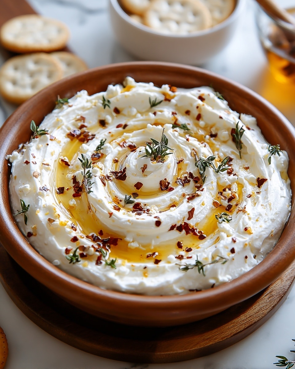 A close-up shows a round white bowl filled with a thick layer of white whipped cream or cheese spread. The spread is shaped in concentric swirls with a smaller, raised swirl in the center. Golden honey is drizzled over the swirls, pooling slightly around the raised center. Small green thyme leaves are scattered evenly on top, along with reddish-brown spices or chili flakes sprinkled lightly over the dish. The bowl sits on a wooden board, which rests on a white marbled surface. In the background, there is a white bowl with white crackers. photo taken with an iphone --ar 4:5 --v 7