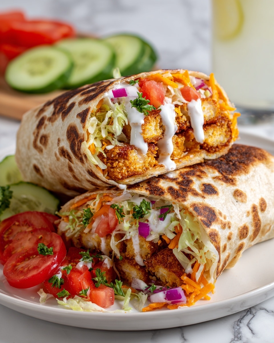 Five wraps cut in half are stacked on a white plate on a white marbled surface. Each wrap has four visible layers: the outer light brown soft tortilla, a layer of green shredded lettuce, bright red tomato slices with some purple onion slices, and a thick layer of yellow scrambled tofu topped with a sprinkling of reddish seasoning and small drizzles of white creamy sauce. The wraps are garnished with chopped green herbs and extra tomato wedges are placed around them. photo taken with an iphone --ar 4:5 --v 7