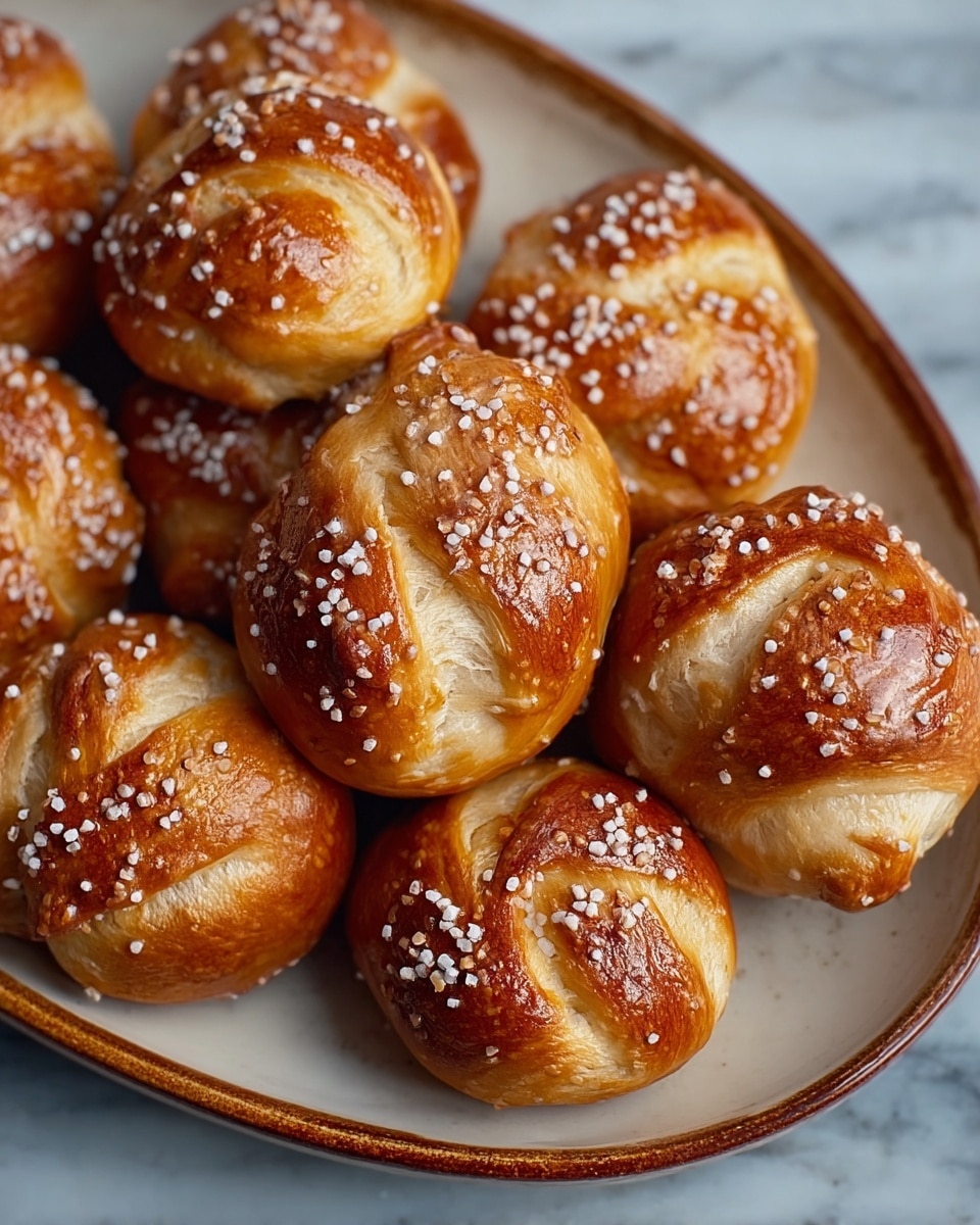 A close-up of small, golden-brown pretzel rolls with shiny, smooth tops sprinkled with coarse white salt crystals, tightly arranged on a white oval plate with a brown rim. Each roll has a twisted shape with a visible light tan dough fold pattern. The plate sits on a white marbled surface, highlighting the rich color contrast of the rolls. Photo taken with an iphone --ar 4:5 --v 7