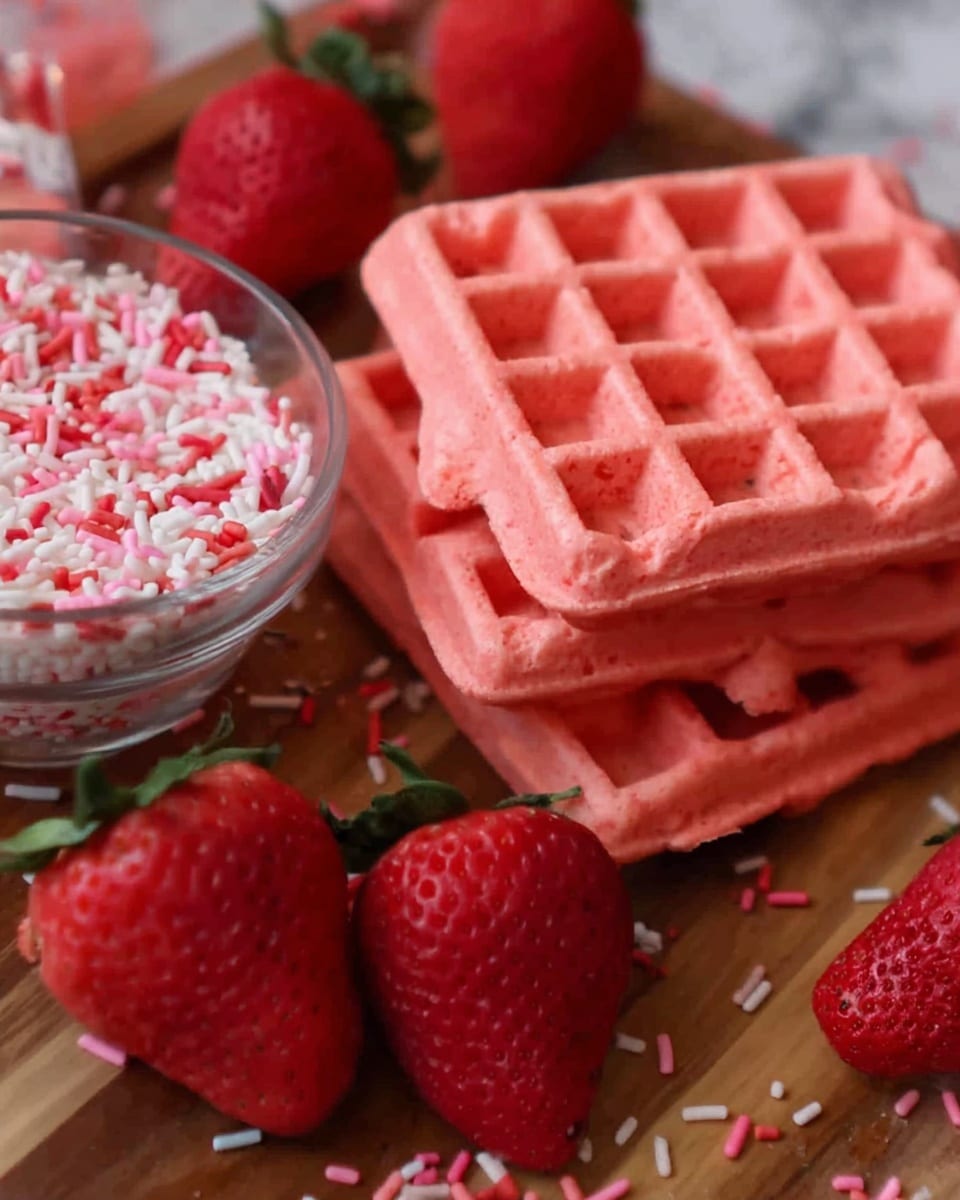 The image shows three pink waffles stacked unevenly on a brown wooden surface with deep grid patterns, giving them a soft and fluffy texture. Around the waffles, there are several large, red strawberries with green leaves, adding a fresh and natural contrast. On the left side, there is a clear glass bowl filled with white, red, and pink small sprinkles, adding a playful touch to the scene. The background is a white marbled texture. photo taken with an iphone --ar 4:5 --v 7