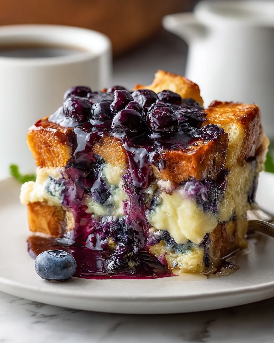 A close-up of a thick slice of bread pudding on a white plate, showing three main layers: the top layer is golden brown and slightly crispy bread cubes, the middle layer is a creamy and soft custard mixed with blueberries, and the top is covered with glossy, dark purple blueberry sauce with whole blueberries. Some sauce drips down the sides, pooling on the plate, with a single blueberry resting on the plate's edge. The background uses a white marbled texture, softly blurred with a white cup and glass visible. photo taken with an iphone --ar 4:5 --v 7