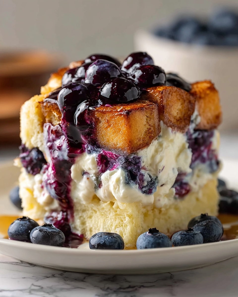 A close-up of a dessert piece on a white plate shows three visible layers. The bottom layer is a soft, light yellow sponge cake with a slightly browned edge. The middle layer consists of creamy white filling mixed with whole blueberries, some of which are bursting and mixing with the cream. The top layer is a golden-brown toasted cake surface cut into cubes, covered with a thick, glossy dark purple blueberry sauce that drips down the sides. Fresh blueberries are scattered around the dessert on the plate. The background features a soft white marbled texture. Photo taken with an iphone --ar 4:5 --v 7