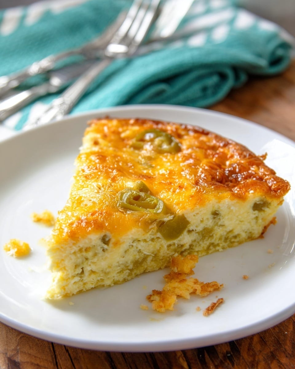 A single triangular slice of cheesy baked dish sits on a white plate, resting on a white marbled surface. The slice has two main layers: the bottom is a pale yellow, fluffy and soft textured layer, while the top is a golden-yellow melted cheese layer with slightly browned spots and a few small dollops of white, creamy sauce. Small bits of browned cheese crumbs and tiny pieces of green herbs or vegetables are scattered around the slice on the plate. The background includes a blur of turquoise cloth and a silver fork. photo taken with an iphone --ar 4:5 --v 7