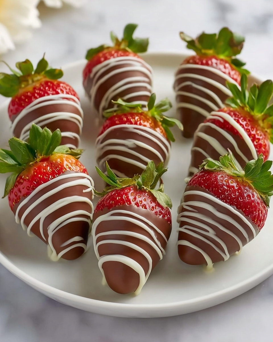 The image shows six large strawberries placed on a white plate with a smooth surface, on a white marbled background. Each strawberry is dipped in a thick layer of milk chocolate covering about two-thirds of the berry, leaving the green leaves exposed at the top. Over the milk chocolate layer, there are thin, curved stripes of white chocolate drizzled evenly across each strawberry, adding contrast and texture. The strawberries are arranged in two rows, slightly spaced apart, highlighting their glossy chocolate coating and fresh red color on top. Photo taken with an iphone --ar 4:5 --v 7