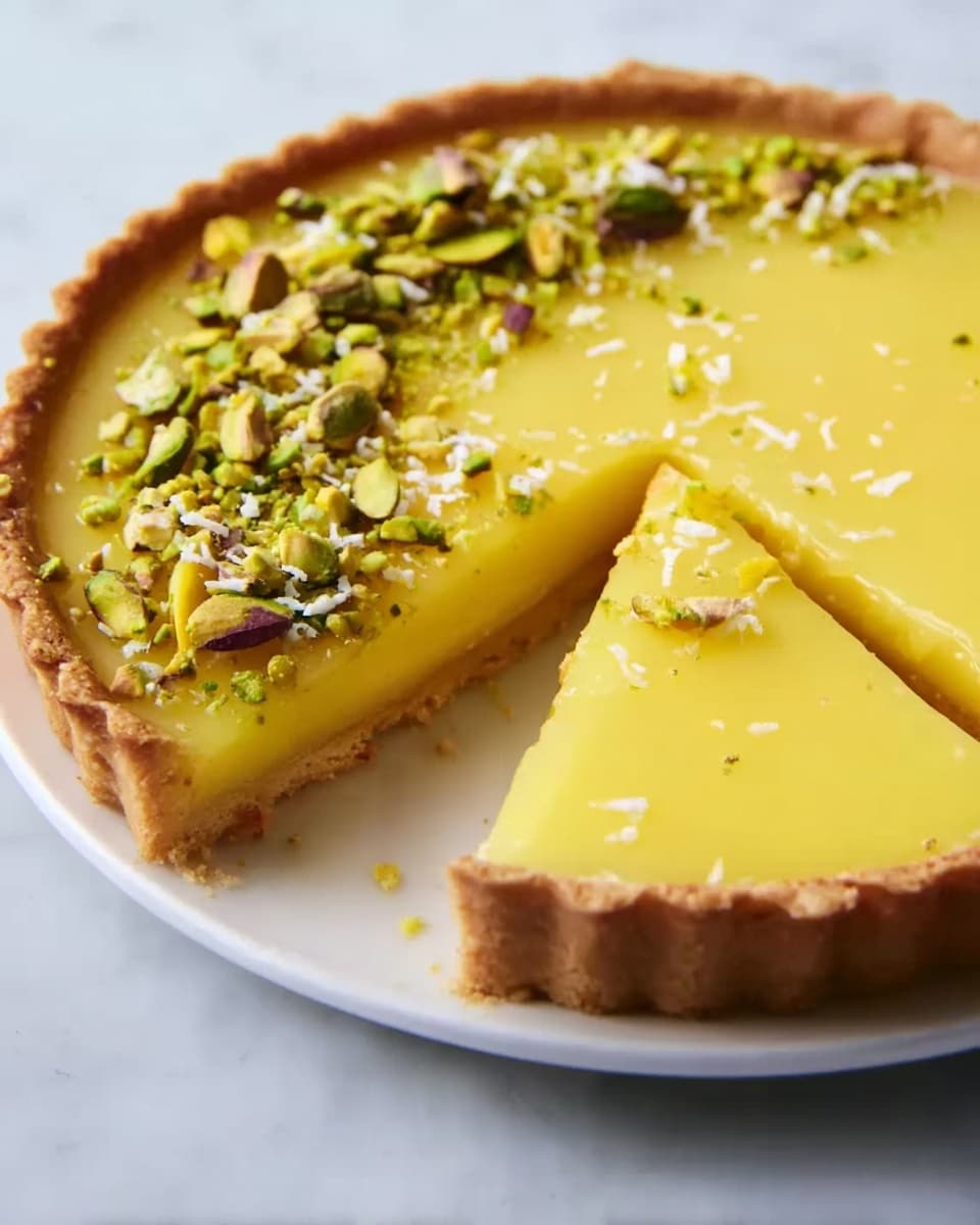 A lemon tart with a golden brown crust sits on a white plate on a white marbled surface. The tart has a smooth, bright yellow lemon filling that is glossy and thick. One slice is removed, showing the even thickness of the crust and filling. On top of the tart, there is a layer of green pistachio pieces sprinkled on one side, with small white flakes and tiny yellow spots of zest scattered over the surface. photo taken with an iphone --ar 4:5 --v 7