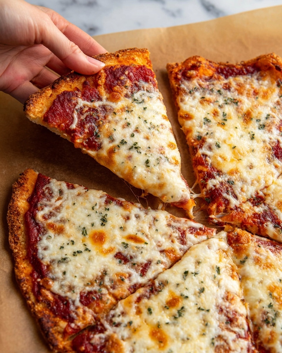 A close-up view of a thin, golden-brown pizza crust topped with a rich red tomato sauce layer beneath a thick, melted mozzarella cheese layer sprinkled with green herbs, divided into triangular slices on brown parchment paper over a white marbled surface. A woman's hand is lifting one slice, showing the crisp edge and gooey cheese stretching slightly. The pizza has a crispy, slightly puffed crust with browned spots on the cheese, and the herbs are evenly spread across the top. Photo taken with an iphone --ar 4:5 --v 7