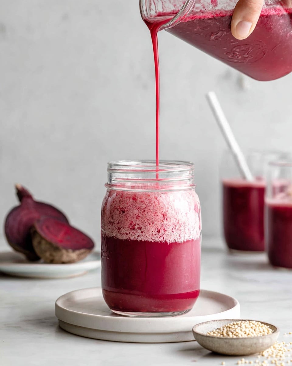 A clear glass jar sits on a white saucer, filled with a two-layered dark pink smoothie; the bottom layer is a deeper red-pink color with a thicker texture, and the top layer is a lighter pink with a frothy foam. A white straw stands inside the jar. A woman's hand is pouring more of the smoothie from a glass container, creating a smooth red stream that blends into the jar's contents. In the background to the left, a white plate holds two halves of a beetroot with dark red interiors and rough brownish skin. Another jar with the same smoothie and a white straw is slightly blurred further back on the right. In front of the jar, on a white marbled surface, there is a small round bowl with light-colored quinoa seeds spilling a few around it. photo taken with an iphone --ar 4:5 --v 7