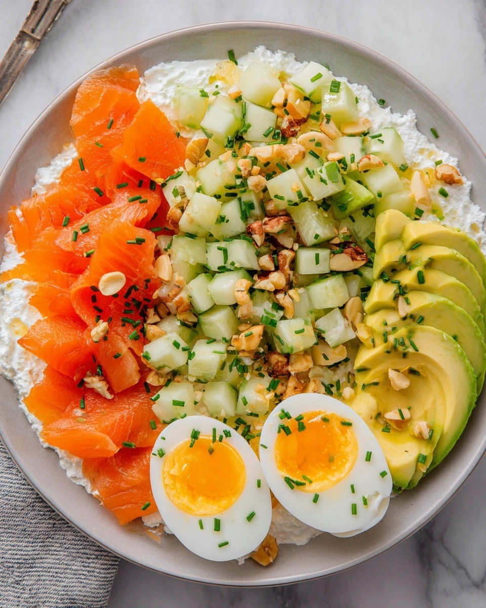 A white plate holds a dish with four main layers arranged in sections on top of a creamy white cottage cheese base. Starting from the left, there are several bright orange slices of smoked salmon with a smooth, slightly shiny texture. Next to the salmon, diced cucumber pieces form a green, crunchy-textured pile with small bits of chopped nuts and chives sprinkled on top. To the right, there are smooth, light green slices of avocado fanned out neatly. Between the cucumber and avocado, two halves of a hard-boiled egg with bright yellow yolks and white edges are placed, garnished with chopped chives and nuts. The whole dish is sprinkled with chopped chives, small nut pieces, and a drizzle of olive oil, all set against a white marbled surface. Photo taken with an iphone --ar 4:5 --v 7