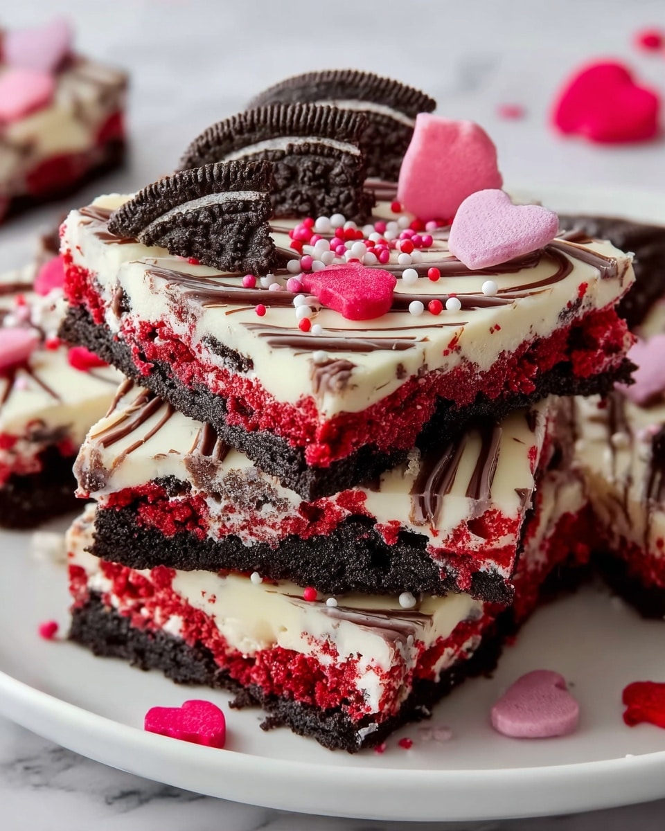 The image shows a stack of three rectangular dessert bars placed on a white plate, set on a white marbled surface. Each bar has three layers: a dark chocolate crumb base, a middle layer of bright red crumbs embedded in creamy white frosting, and a top layer of smooth white frosting decorated with swirled milk chocolate stripes. On top of the bars, there are pieces of dark chocolate sandwich cookies, some whole and some broken. Pink and red heart-shaped candy pieces, along with small round pink and white sprinkles, are scattered on the frosting, adding a festive touch. photo taken with an iphone --ar 4:5 --v 7