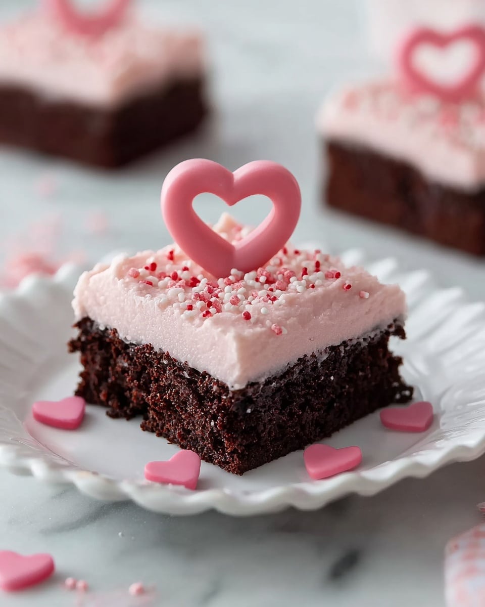 A single square piece of chocolate cake sits on a white plate with scalloped edges, resting on a white marbled textured surface. The cake has two clear layers: a thick, moist dark brown chocolate base and a thick layer of light pink frosting on top. The frosting is sprinkled with small red and pink sugar bits. On top of the cake, a pink candy shaped like a heart stands upright, centered. Around the plate near the cake, small pink and red heart-shaped candies and sugar pieces are scattered. In the background, there are blurred pieces of the same cake on white plates. photo taken with an iphone --ar 4:5 --v 7