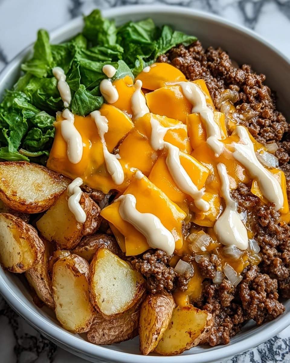 A white bowl filled with a layered dish, starting with roasted potato wedges with golden-brown skins on one side, followed by a thick layer of cooked ground beef mixed with small pieces of translucent browned onions covering the center and right side. On top of the beef, generous melted bright orange cheddar cheese slices create a smooth, gooey texture, drizzled with creamy white sauce in even horizontal lines. Fresh green leafy vegetables are arranged along the back edge of the bowl, adding a fresh contrast to the warm, rich colors of the cooked ingredients. The bowl sits against a white marbled textured surface. photo taken with an iphone --ar 4:5 --v 7