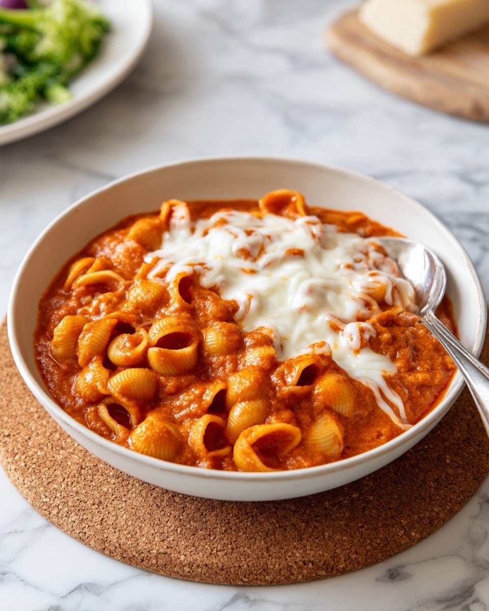 The image shows a close-up of a pot filled with a creamy orange tomato sauce mixed with small seashell pasta pieces. The sauce has a thick texture with visible chunks of tomato and pasta shells in the mixture. On one side of the pot, there is a layer of melted white cheese covering part of the sauce. A gray ladle is scooping up some of the pasta and sauce, lifting it slightly above the pot. The pot itself is a white enamel pot with a green outer surface, resting on a black grid mat over a white marbled texture. Photo taken with an iphone --ar 4:5 --v 7