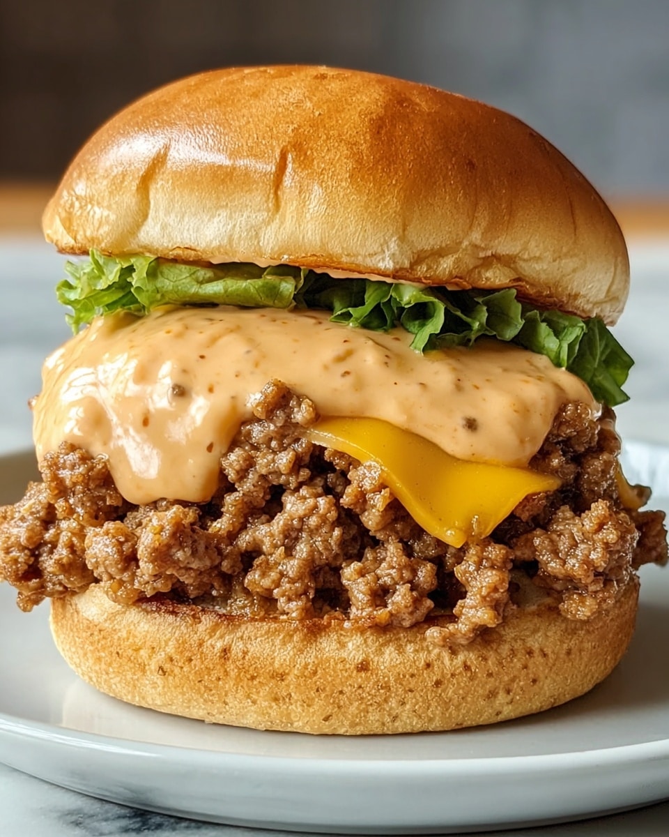 A close-up of a sandwich on a white plate, placed on a white marbled surface, with a soft, shiny golden-brown top bun. The first layer is a soft bottom bun, light golden in color and slightly toasted. On top of the bun, there is a layer of leaf lettuce peeking out slightly. Above the lettuce is a thick layer of melted yellow cheddar cheese, partly covered by a generous layer of cooked ground beef with a crumbly and moist texture. Covering the beef is a layer of creamy, light orange sauce with visible small specks, dripping slightly over the sides. The top bun sits neatly on the sauce, completing the sandwich. Photo taken with an iphone --ar 4:5 --v 7