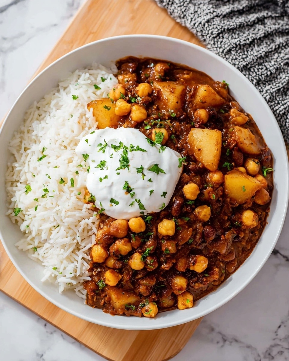 A white bowl with two main layers: the bottom layer is white, fluffy rice spread across half of the bowl, and the top layer is a thick, chunky stew of dark brown color with visible round chickpeas and golden potato pieces, placed over the rice covering the other half. On top of the stew near the middle is a dollop of white creamy sauce, garnished with small green parsley pieces. The bowl sits on a light wooden board on a white marbled surface, with a textured grey cloth visible in the background. Photo taken with an iphone --ar 4:5 --v 7