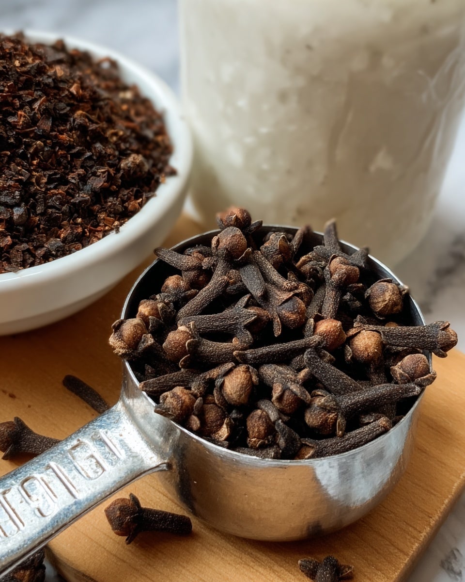 A close-up image shows a small silver measuring cup filled with dried cloves, which are dark brown with bulbous heads and rough textures, sitting on a wooden surface. Behind it, there is a part of a white glass jar filled with a creamy white substance. To the upper left, a white bowl holds a heap of dark brown crumbled spice or dried herb. The overall scene rests on a white marbled texture background. Photo taken with an iphone --ar 4:5 --v 7