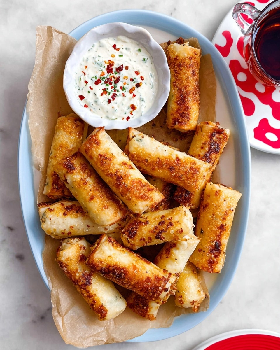 A white oval plate holds about thirteen crispy, golden brown rolled pastries with some showing a slightly darker, toasted texture and others lighter golden, all irregularly arranged on top of a sheet of brown parchment paper. Near the top center of the plate, there is a small white bowl filled with creamy white dip sprinkled with red chili flakes and finely chopped herbs. The plate is placed on a white marbled surface, and to the upper right, part of a white saucer with large red polka dots and a glass of dark tea is visible. Photo taken with an iphone --ar 4:5 --v 7