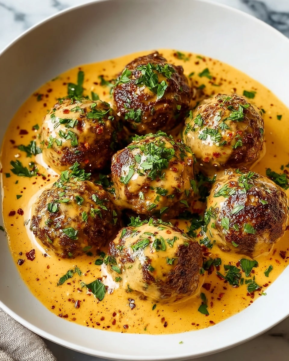 A white bowl holds seven browned meatballs, each covered with a creamy orange sauce and sprinkled with small pieces of fresh green herbs. The meatballs are arranged close together, with the sauce pooling at the bottom, creating a smooth and shiny texture around them. The sides of the bowl show a bit of sauce splatter, and the background is a white marbled texture. photo taken with an iphone --ar 4:5 --v 7