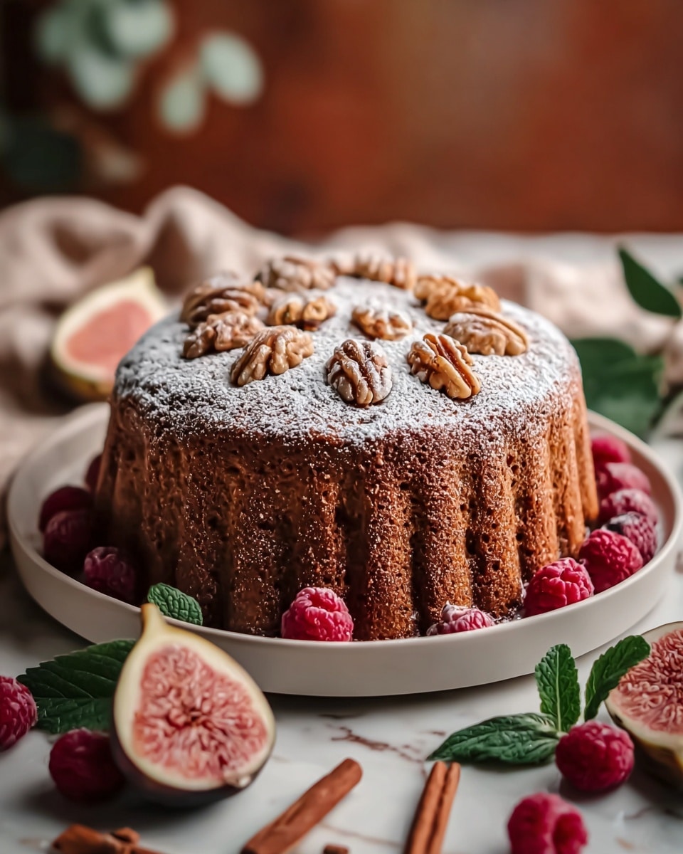 The image shows a single-layer round brown cake with a textured, slightly crumbly surface and vertical ridges along its side. The top of the cake is dusted with a white layer of powdered sugar and decorated with whole walnuts evenly spread across the surface. The cake sits on a white plate, surrounded by fresh red raspberries and halved figs with pinkish interiors. Cinnamon sticks and green leaves are also placed around the base of the plate on a white marbled surface. The background is softly blurred with warm tones. Photo taken with an iphone --ar 4:5 --v 7